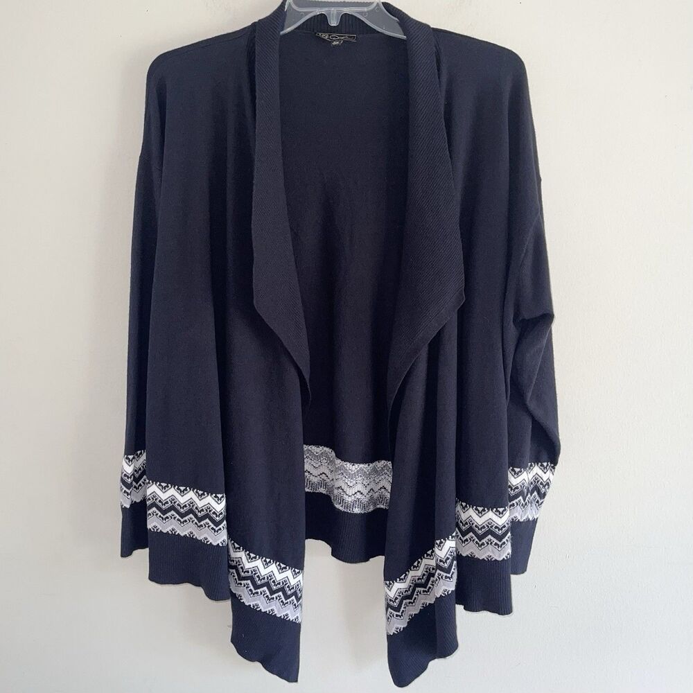 Diane Gilman Black White Cardigan Plus Size 3X Fair Isle Waterfall Open Front